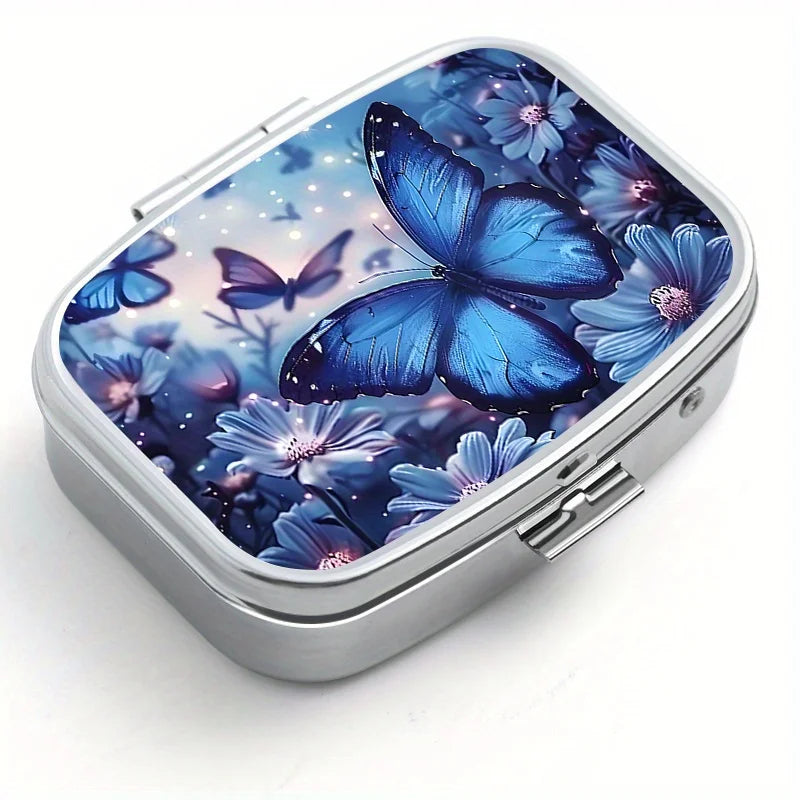 boîte pilules miroir papillons bleus fleurs moderne élégante opaquée compartiments organisés portable