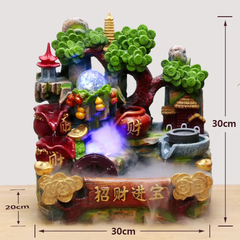 Paysage miniature de décorations asiatiques, avec bâtiments, végétation et accessoires dorés, créant une composition harmonieuse et colorée.