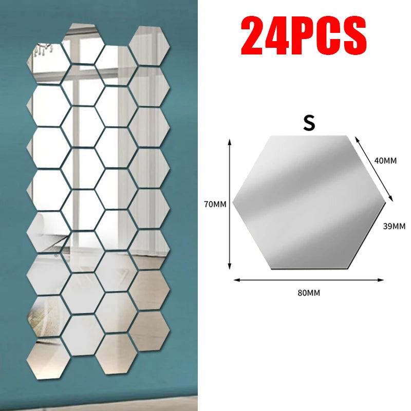miroir hexagonal acrylique adhésif mural décoratif mosaïque brillant argenté doré gris clair moderne