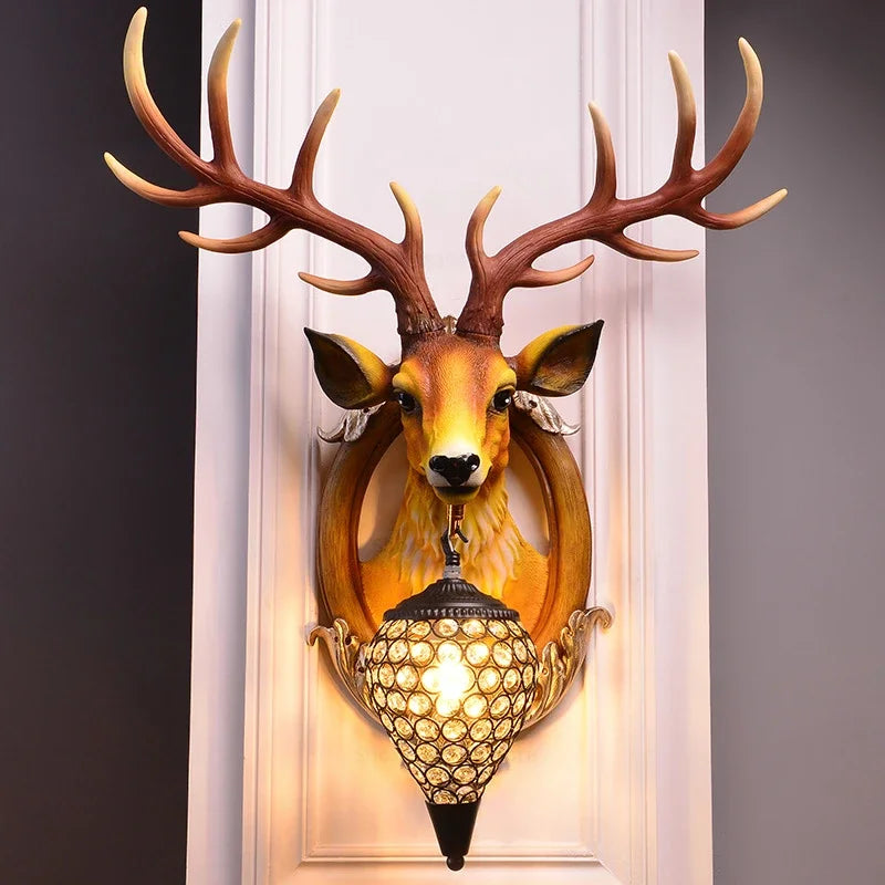 lampe murale classique tête cerf led marron beige doré noir sculptée opalique