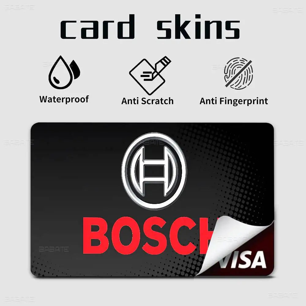 étui carte bancaire adhésif waterproof moderne logo bosch blanc fond noir points cartes crédit