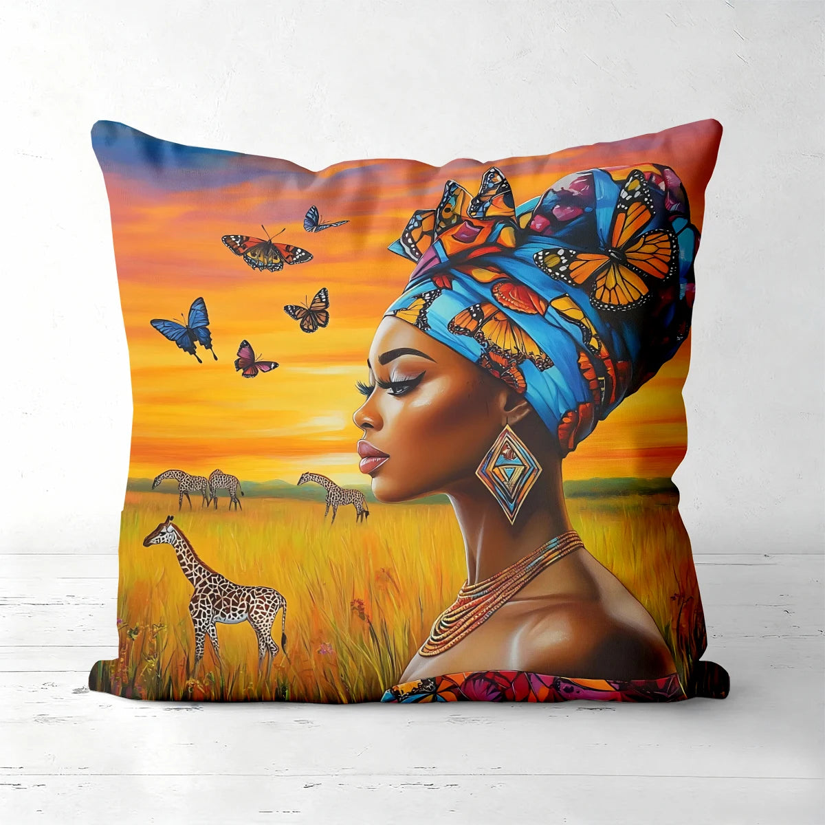 taie d'oreiller polyester motif africain papillons girafes ethnique or bleu noir blanc 45x45cm opacité