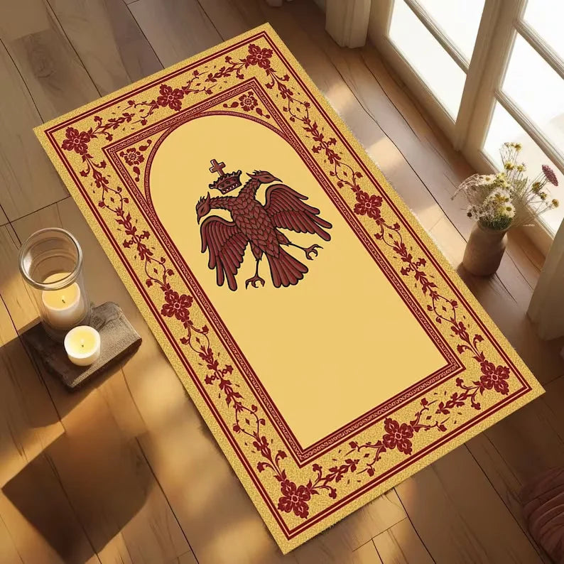 tapis prière aigle byzantin jaune bleu rouge ornement floral classique extérieur moderne polypropylène polyester