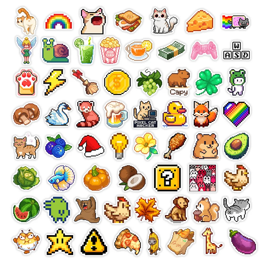 Stickers vinyle imperméables pixel art animaux multicolores adhésifs usage unique adultes adolescents