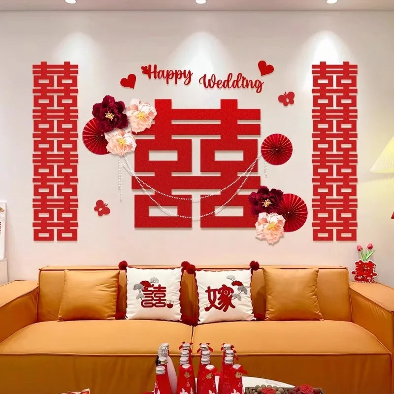 décoration murale mariage motifs chinois double bonheur fleurs artificielles cœurs happy wedding