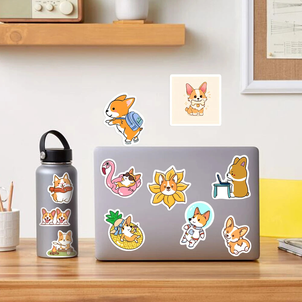 stickers autocollants dessins animés chiens corgis orange blanc bleu jaune vert rose bruns waterproof