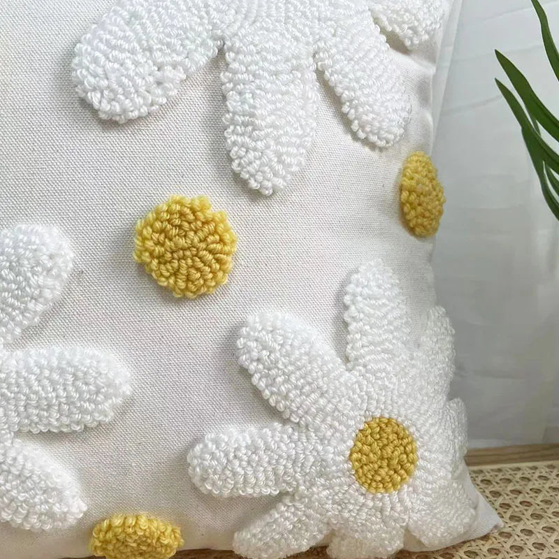 coussin tufté brodé fleur nordique moderne 100 polyester blanc vert marron jaune adhésif décoration