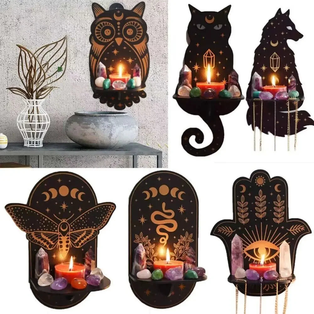 décoration murale bohème bougeoir suspendu étagère murale bois découpes ajourées motifs animaux gothique