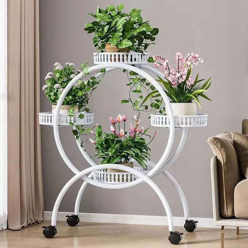 meuble plantes moderne blanc marron doré ajouré barreaux verticaux roulette grille bord relevé