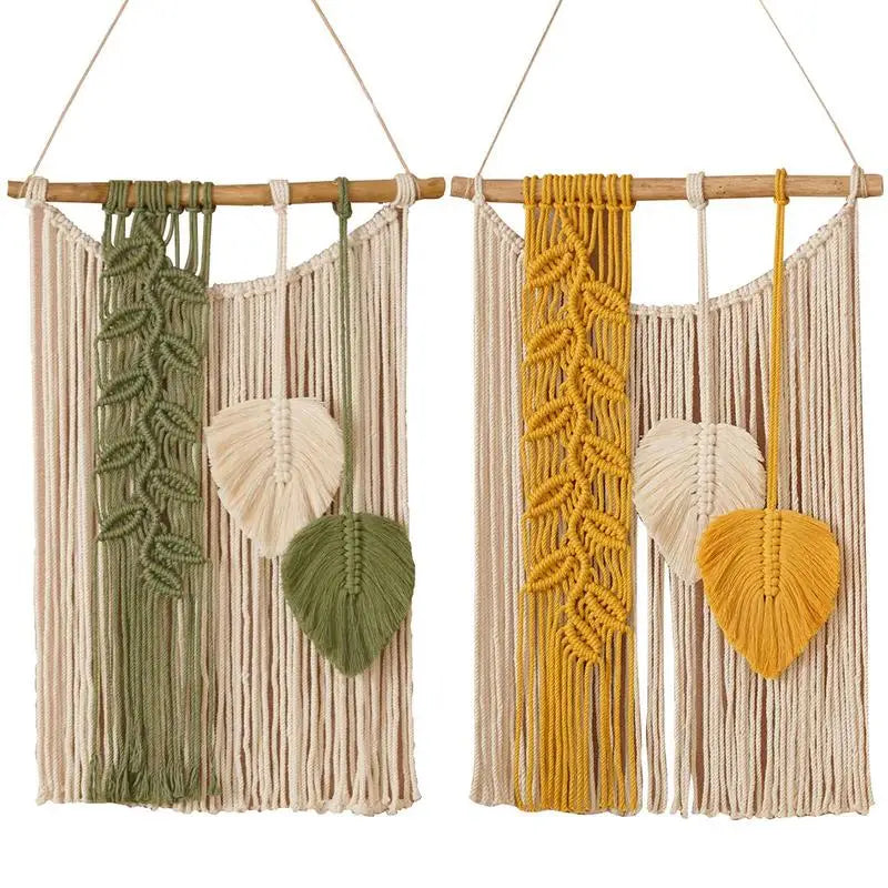 tapisserie murale macramé vert beige jaune feuilles franges bohème fixations murales