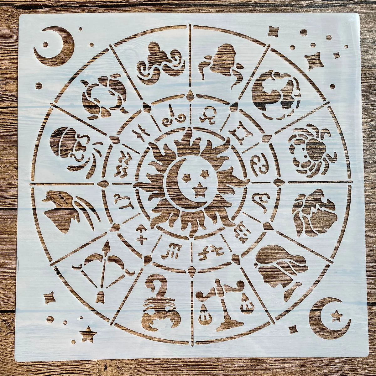 Stencil mandala zodiaque motifs floraux geometriques blanc artisanal laser cut 30cm 30cm