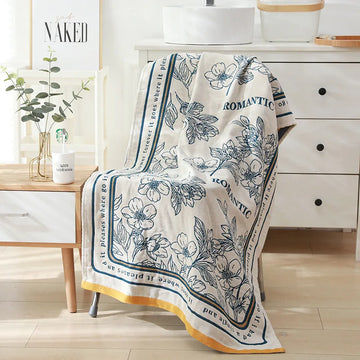 Couverture bain coton motif floral beige bleu orange jaune moderne grande taille