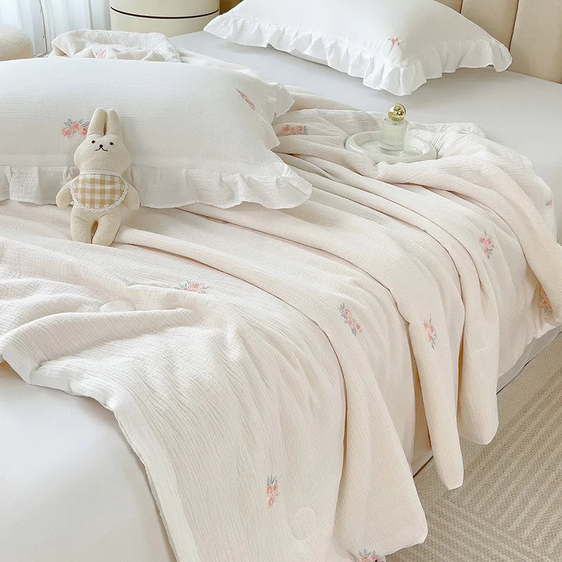 couette coton blanc motif fleurs roses été légère oreiller coussin accessoires