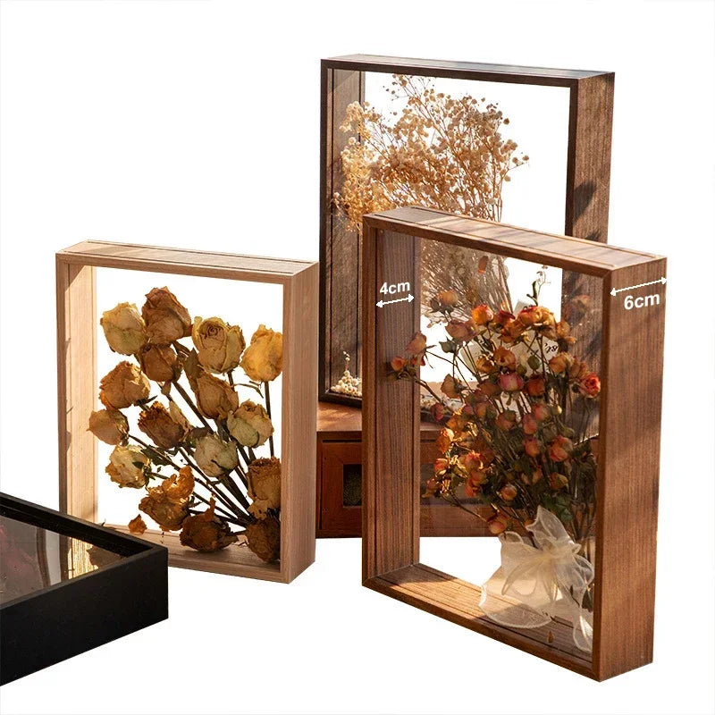 cadre bois moderne fleurs séchées transparent verre beige brun inch đen