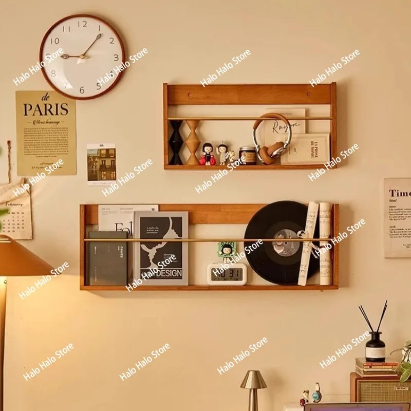 étagère murale bois marron clair moderne rangement livres vinyles décorations 60cm large