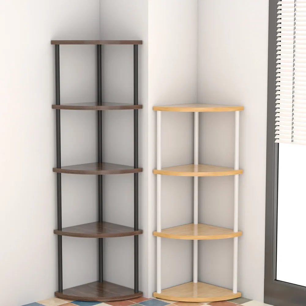 étagère angle bois moderne marron beige plateaux métal noire minimaliste compartments boîtes tissu