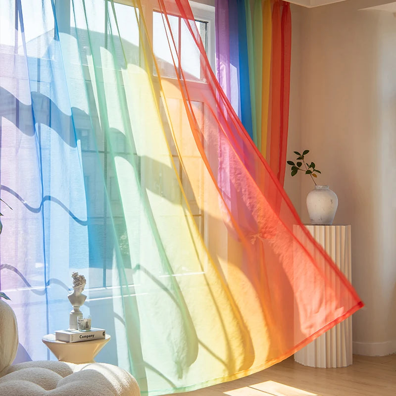 rideau moderne rayures arc ciel transparent polyester bleu vert jaune rouge violet élastique salon