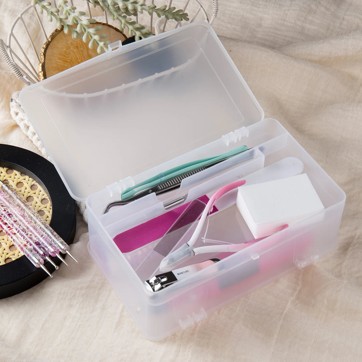 boîte outils ongles transparente double ouverture niveaux organisateur nail art brosse lime vernis manucure