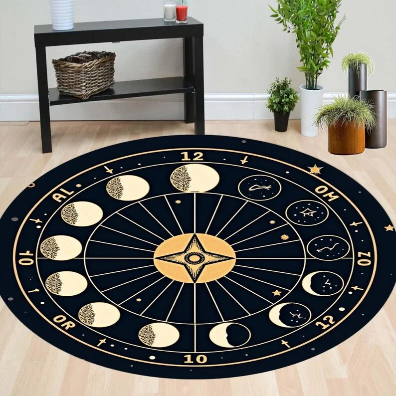tapis rond moderne astrologique noir blanc chambre salon extérieur déco art mystique