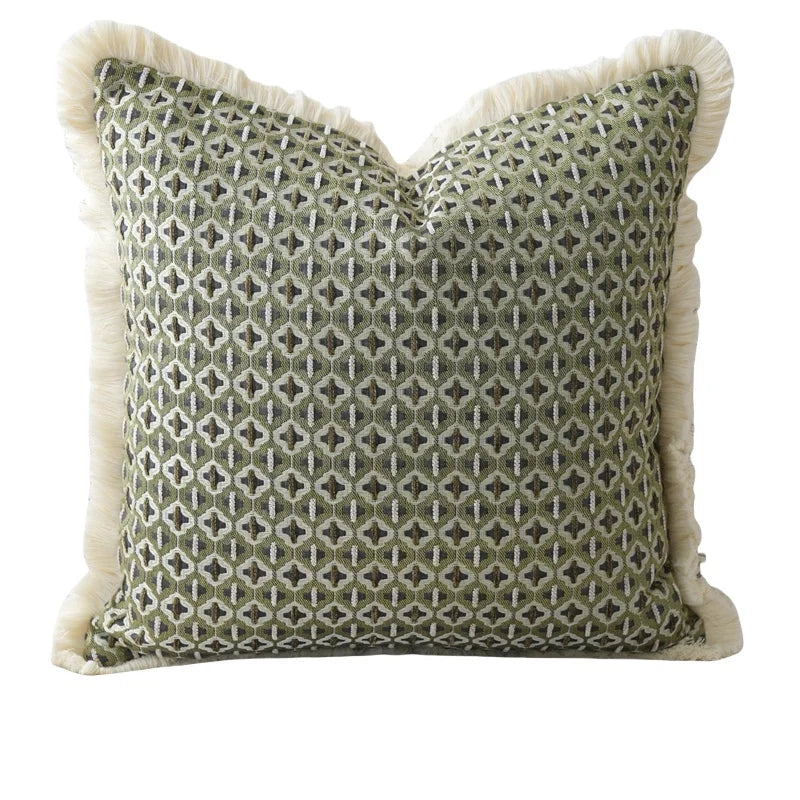 coussin carré vert olive motif géométrique moderne jacquard sans rembourrage