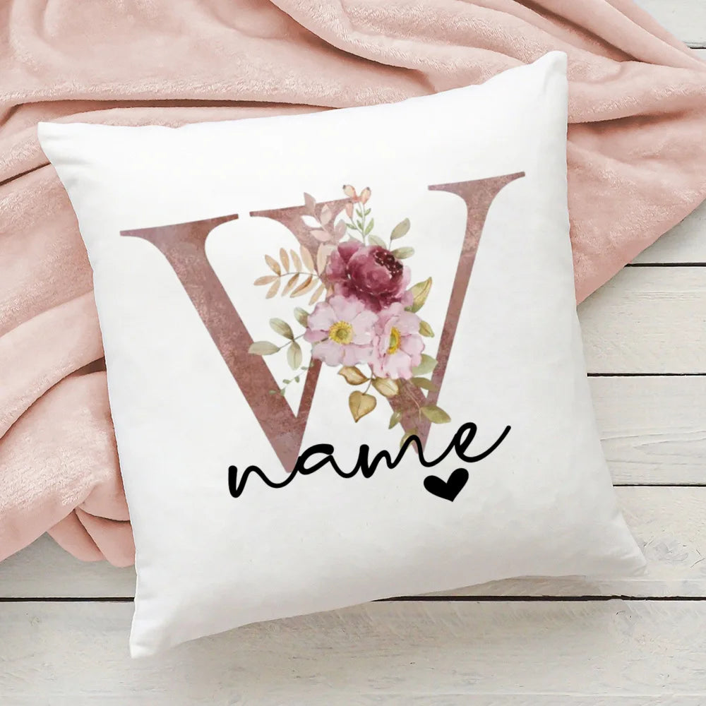 taie d'oreiller motif floral rose lettres initiales respectueux environnement moderne blanc