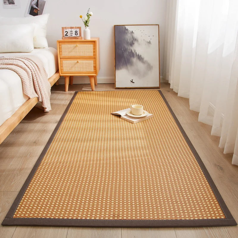 tapis solide rectangle fibre bambou couleur beige bordure marron moderne minimaliste lavage main