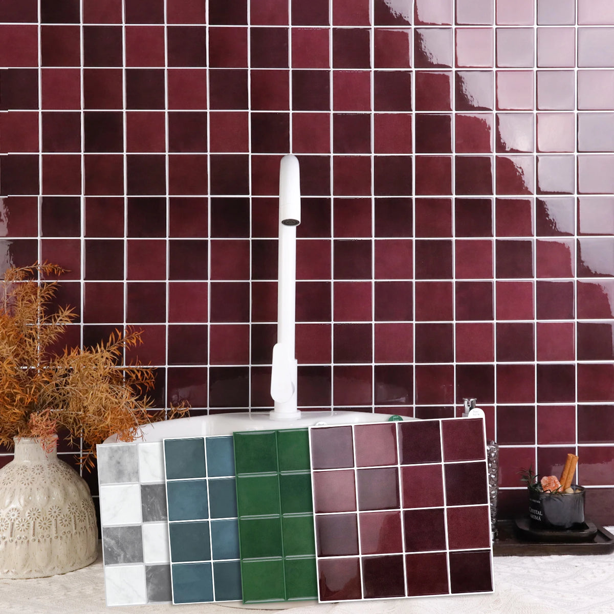 carreaux muraux autocollants 3d rouge foncé gris vert modernes 10 pièces facile