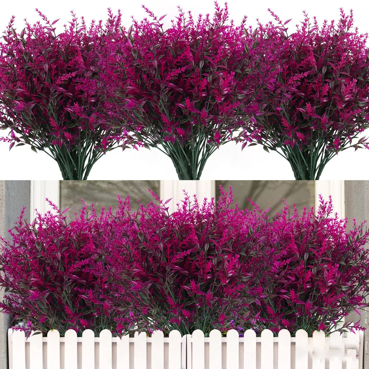 décoration extérieure moderne plante artificielle lavande feuilles vertes fleurs blanches violette rouge maison jardin