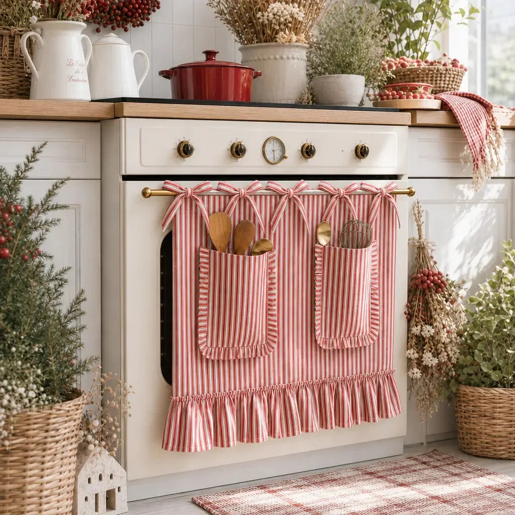 tablier cuisine rouge rayures vintage poches cuillères spatules fixations opaques farmhouse deco
