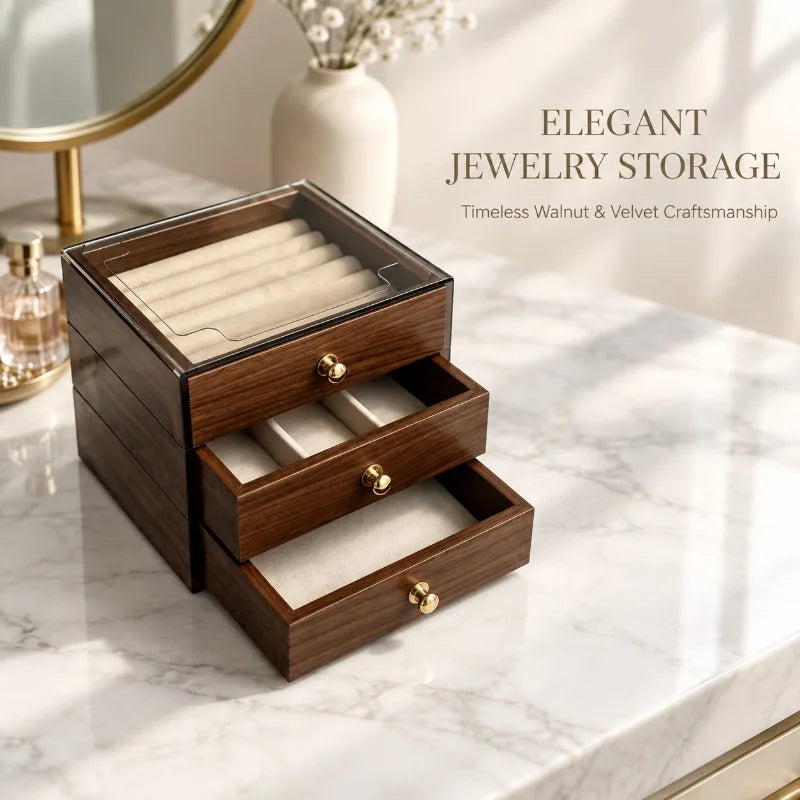 boîte bijoux bois marron velours beige tiroirs acrylique transparent classique élégante poignées dorées rangement