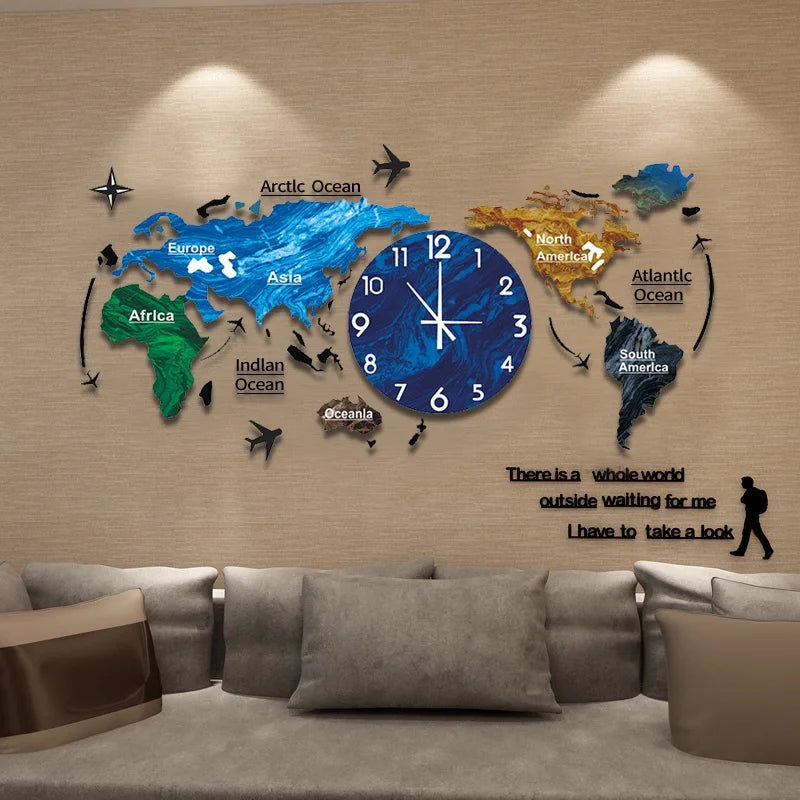 horloge murale moderne carte monde adhésif salon noir bleu vert designextérieur attendre
