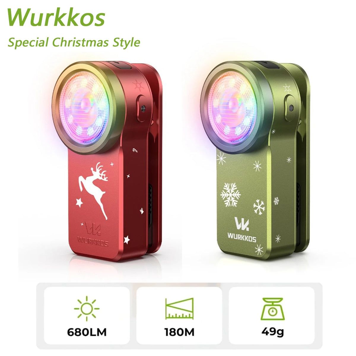 lampe torche rechargeable clip rouge vert orange bleu noir motif cerf flocons crânes soleil
