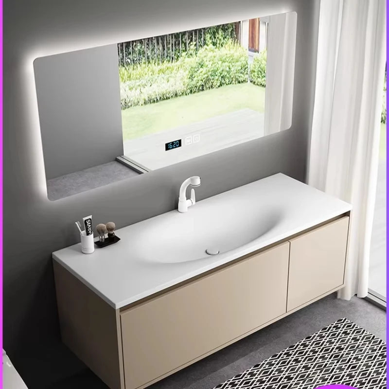 meuble salle bain beige blanc moderne miroir tiroirs tablette rangement fixations murales