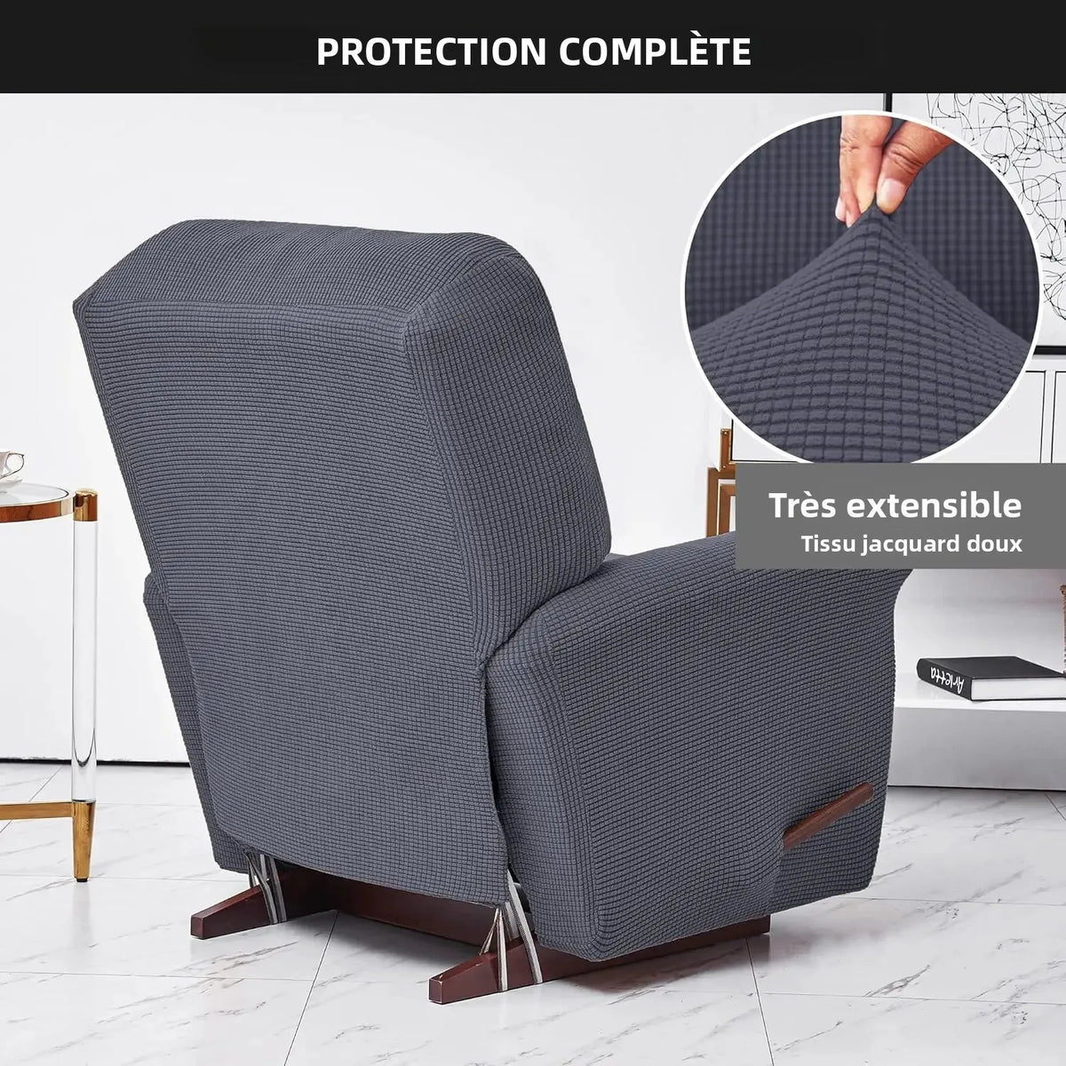 Housse fauteuil inclinable bleu noir gris jacinquée extensible moderne poche adhésif lavage machine