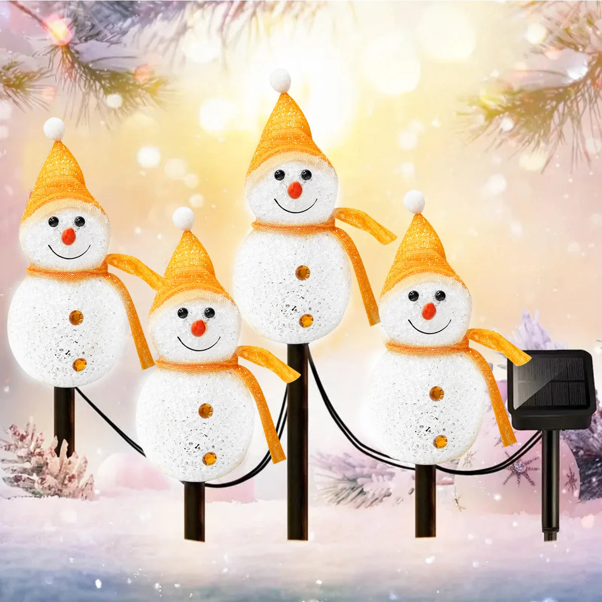 décoration noël bonhommes neige lumineux piquet glitter blanc vert jaune rose festiveextérieur jardin