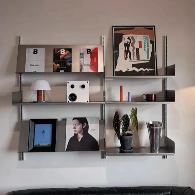 étagère murale modulaire acier inoxydable gris moderne livres cadres vases bougies