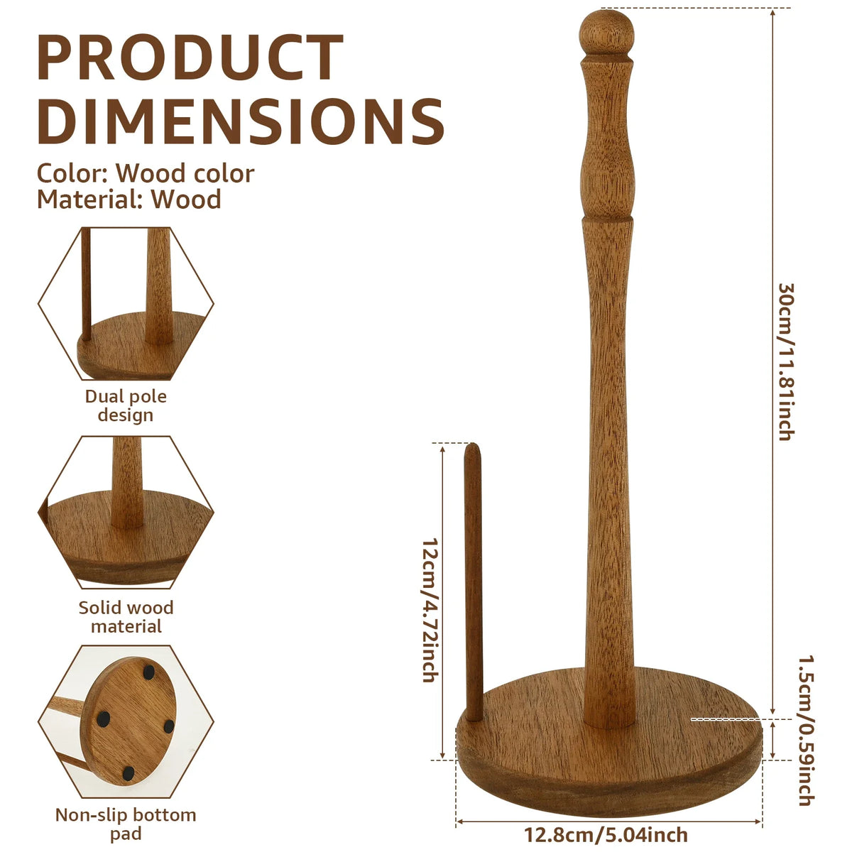 porte rouleau papier cuisine marron clair rustique deux tiges bois base circulaire anti dérapants