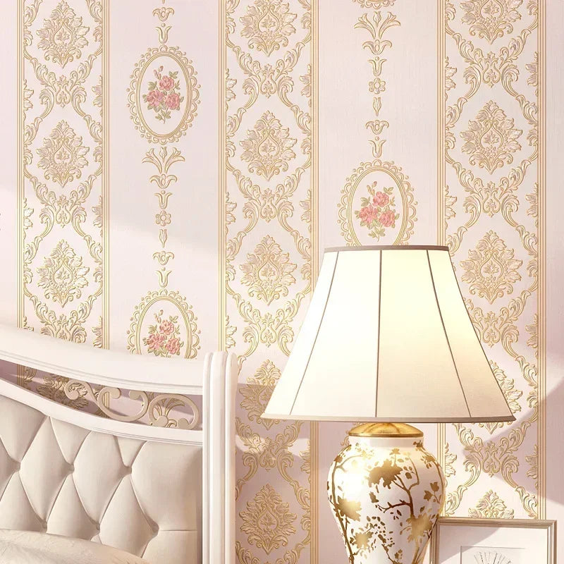 papier peint classique baroque fleurs roses beige rose clair bleu clair vertical adhésif imperméable