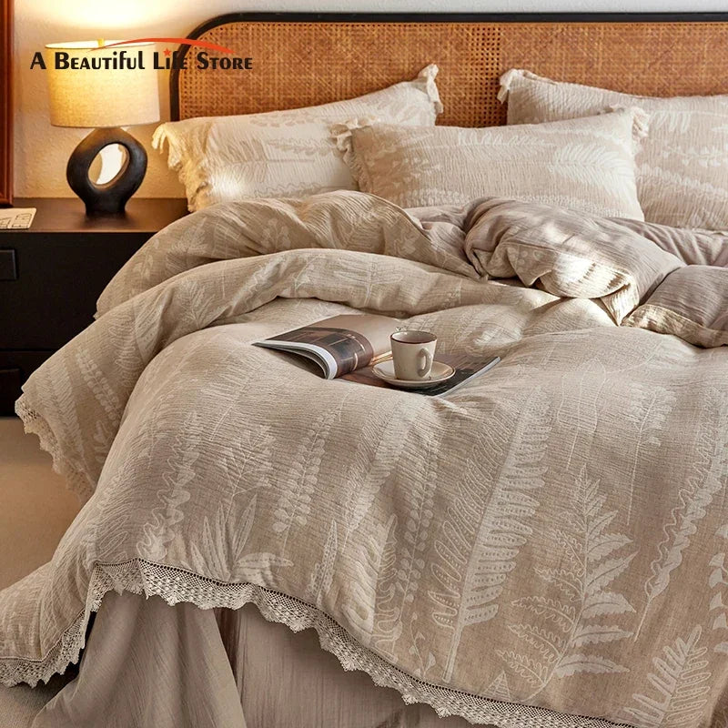 ensemble literie beige clair imprimé végétal ultra doux respirant classique rustique