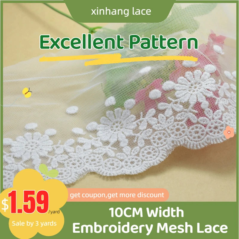 dentelle brodée blanc motifs floraux ajourés 10cm large translucide coton nylon couture
