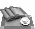tapis table moderne rayures horizontales beige marron gris clair assiette cuillère couteau tasse
