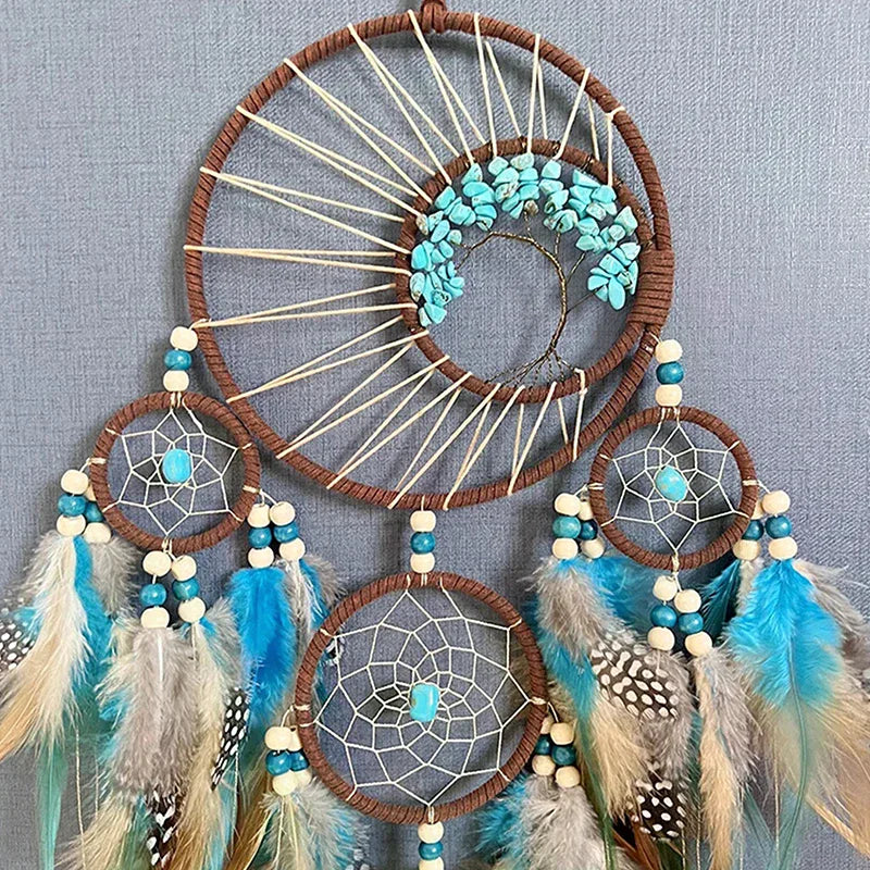 décoration intérieure attrape rêves traditionnel plumes fil bambou marron bleu blanc gris artisanal