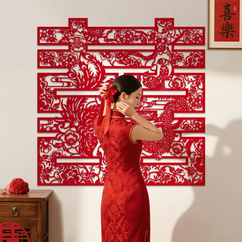 décoration murale mariage papier découpé artisanal motifs floraux rouge adhésif traditionnel chinois