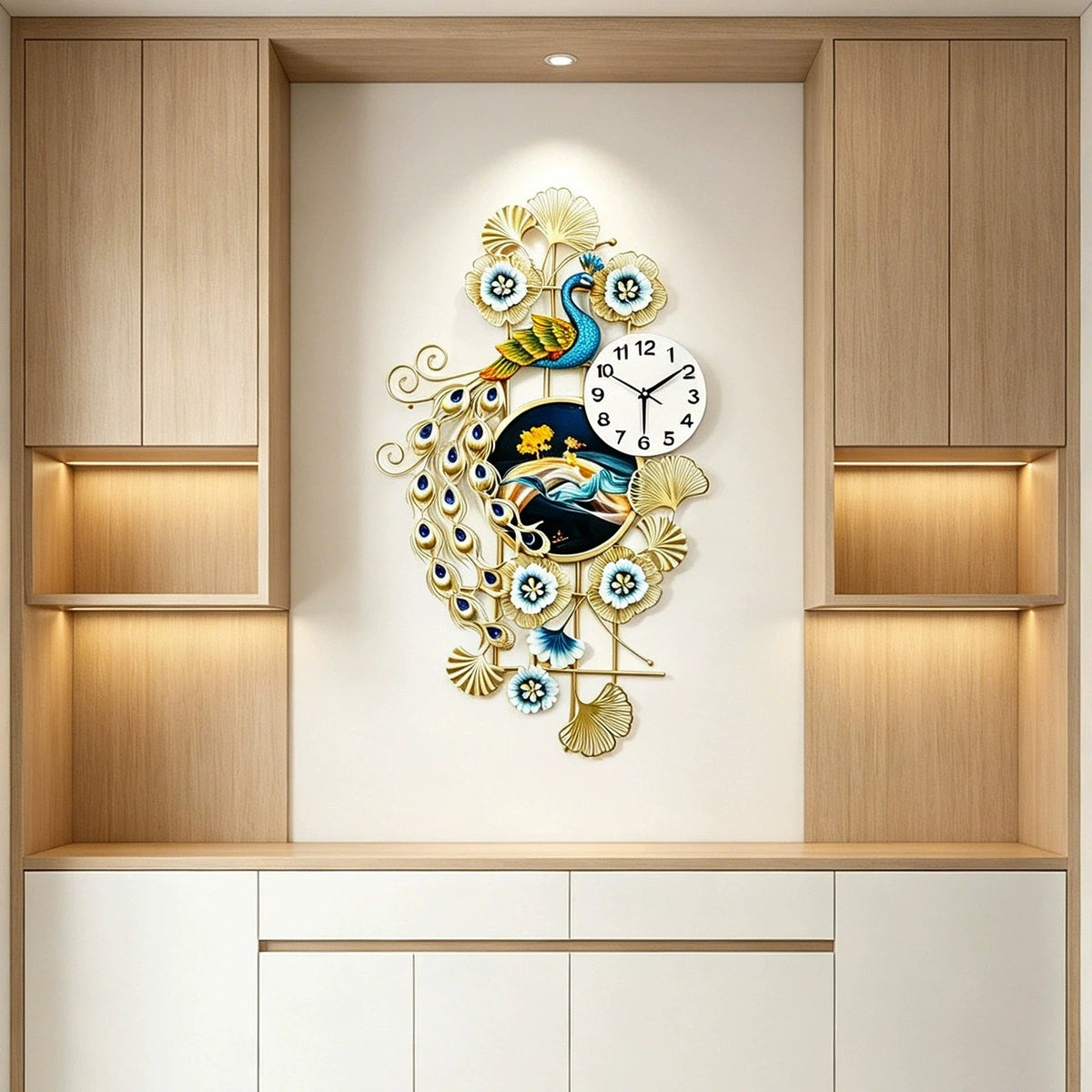 horloge murale paon plumes fleurs bleu doré moderne décoration intérieure fixations ornementales