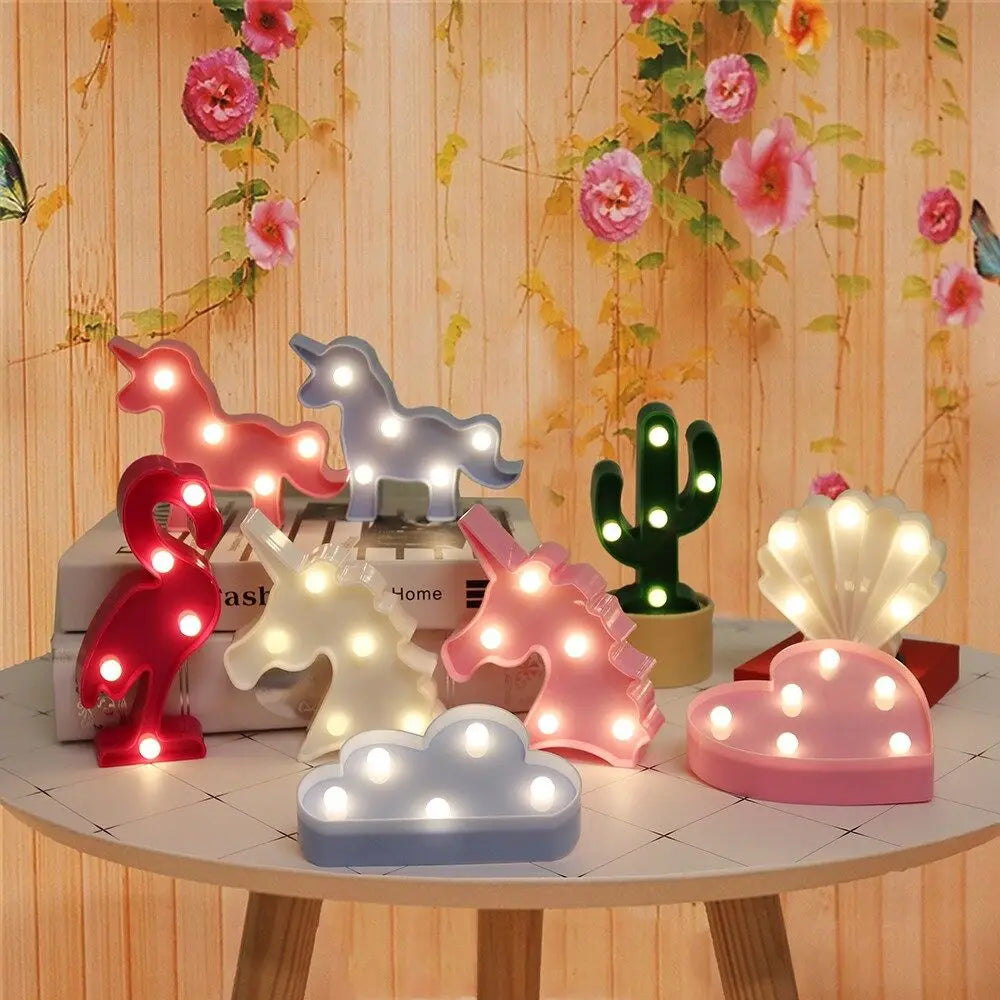 veilleuses led animaux licorne flamant rose cactus ananas nuage étoile chambre enfant deco fête