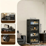 rangement modulaire meuble noir panneaux transparents poignées dorées roulettes facile assembler chambre salon cuisine
