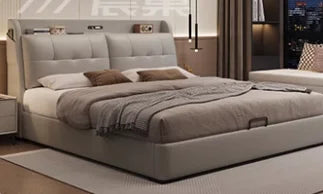 lit double moderne gris clair bois simili cuir tiroirs rangement tablette