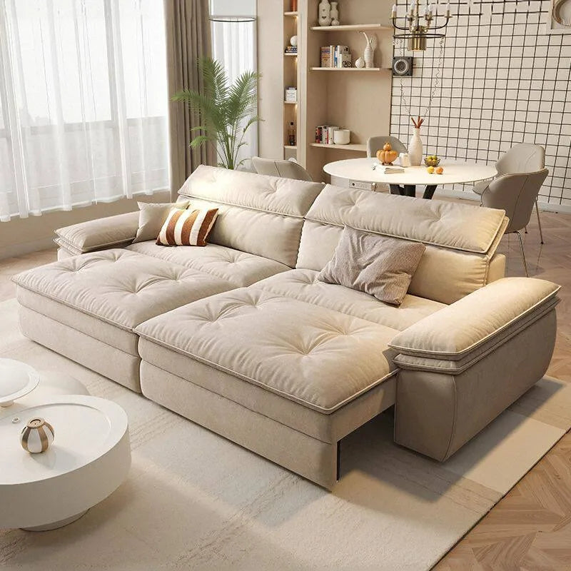 canapé d'angle moderne beige clair coussins doux bois chêne meuble salon minimaliste