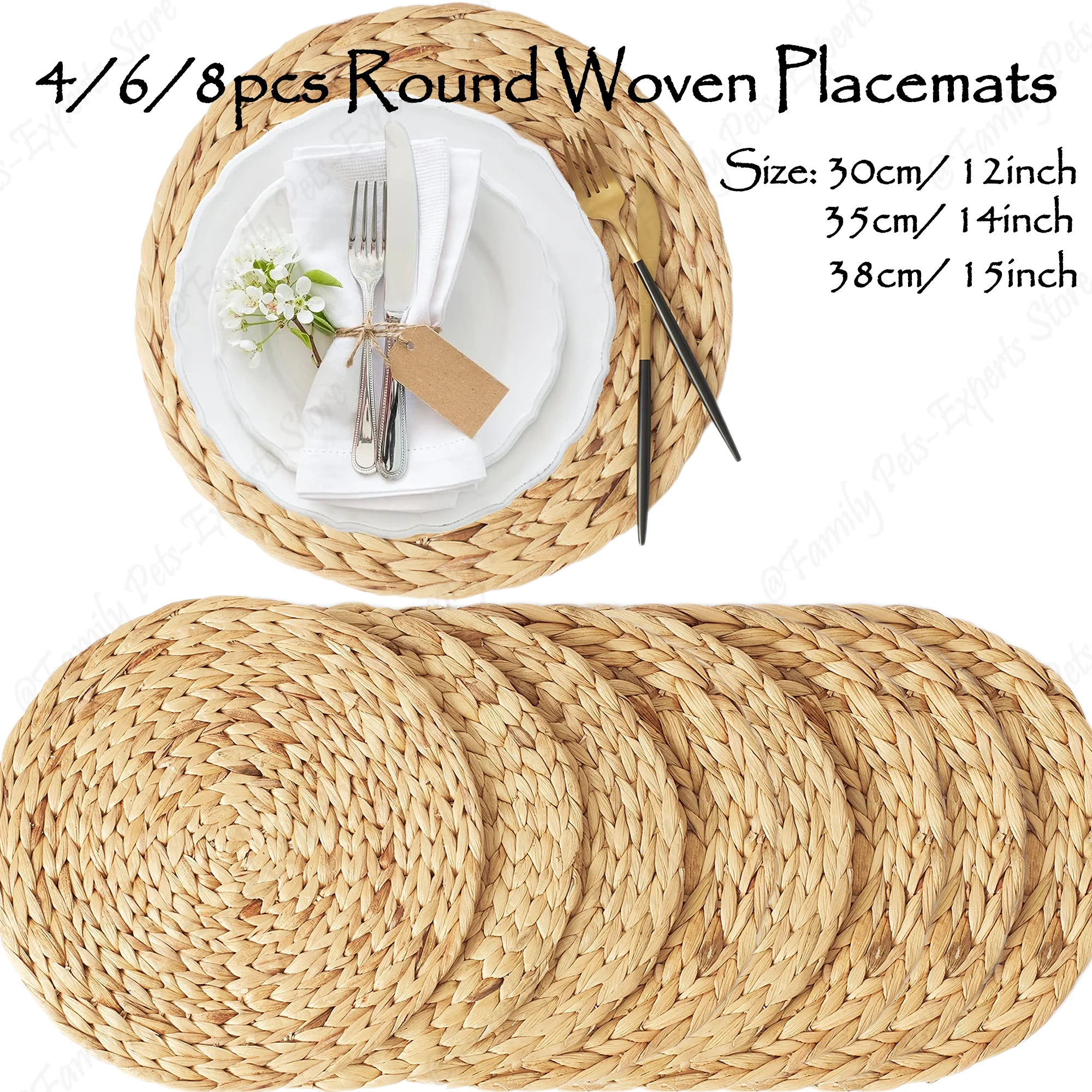 Set de table rond en jacinthe d'eau naturel sur une table en bois