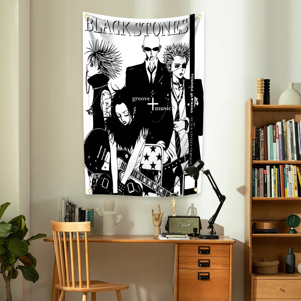 tapisserie anime personnages noir blanc rose bleu gris illustration clip accrochée chambre intérieure extérieure